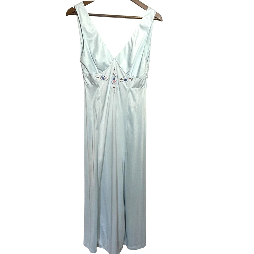 Vintage 1970s Night Shift Light Blue Nightgown Hand Embroidered Empire Waist